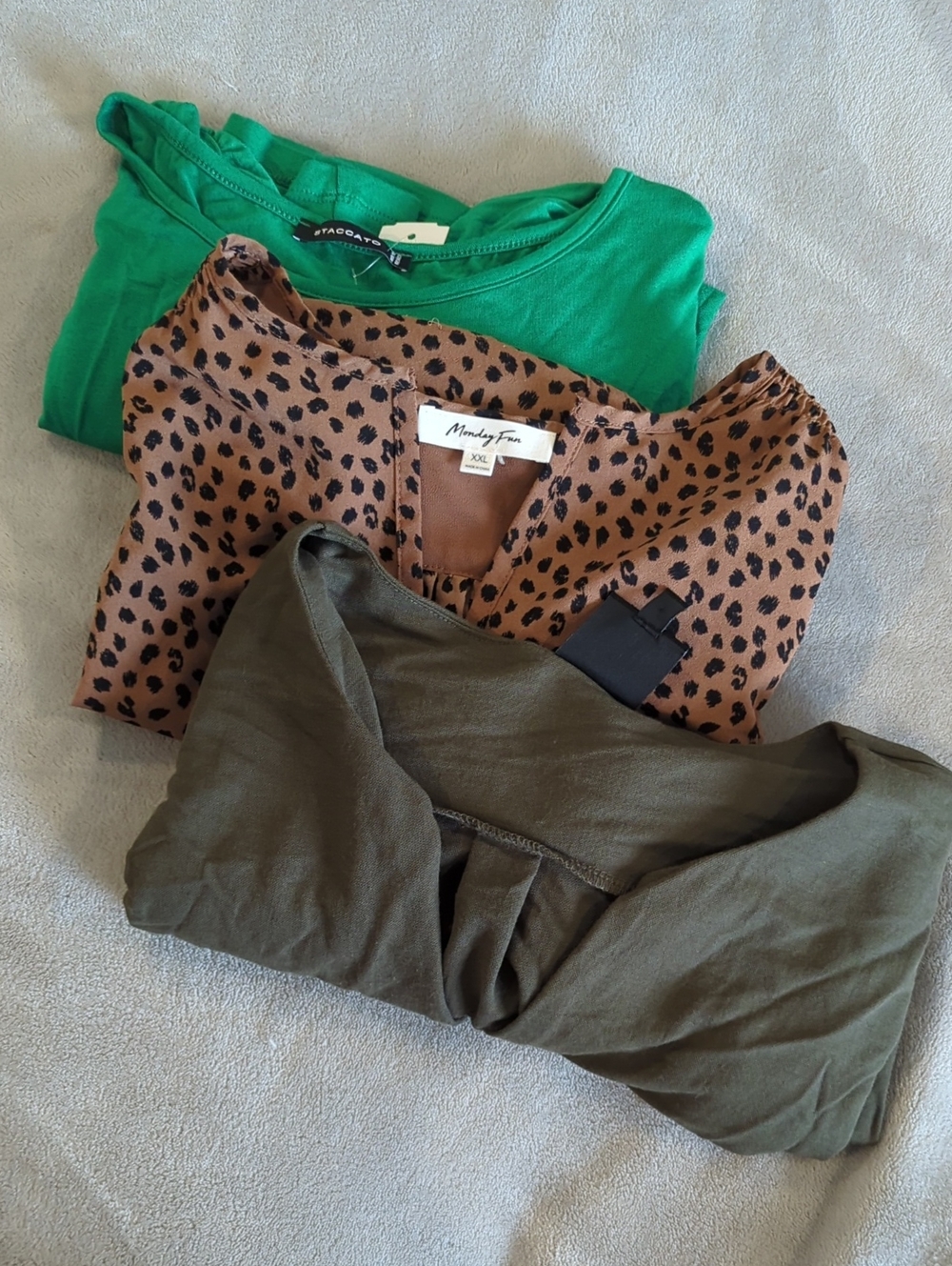 Mixed Tops Bundle - Green Tee, Leopard Print Blouse, Olive Top